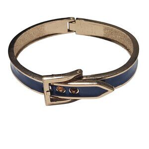 Elegant Gold Tone Blue Enamel Buckle Design Bangle Bracelet Statement Jewelry